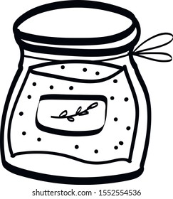 Single hand drawn element jar with jam for New Year or autumn greeting cards, posters, stickers and seasonal design. Isolated on white background. Doodle vector illustration.