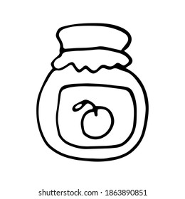 Single hand drawn element jar with jam for New Year or autumn thanksgiving greeting cards, posters, stickers and seasonal design.  Isolated on white background. Doodle vector illustration.