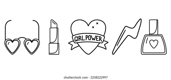 Single hand drawn element of nail varnish, lipstick, glasses. Elements for greeting cards, posters, stickers and seasonal design. 