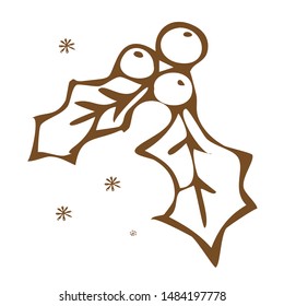 Single hand drawn element of New Year and Xmas Holly branch with berries. Doodle vector illustration. Winter element for greeting cards, posters, stickers and seasonal design