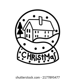 Single hand drawn element of New Year and Christmas snow globe. Doodle vector illustration for greeting cards, posters, stickers and seasonal design. Isolated on white background.