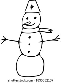 Single hand drawn element of Xmas and New Year.  Doodle vector illustration isolated on white background.  Winter elements for posters, stickers and greeting cards. Christmas snowman.