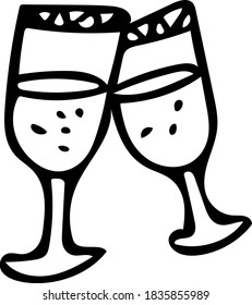 Single hand drawn element of Xmas and New Year.  Doodle vector illustration isolated on white background.  Winter elements for posters, stickers and greeting cards. Christmas glasses with champagne.