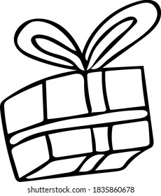 Single hand drawn element of Xmas and New Year.  Doodle vector illustration isolated on white background.  Winter elements for posters, stickers and greeting cards. Christmas box. 