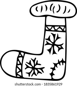 Single hand drawn element of Xmas and New Year.  Doodle vector illustration isolated on white background.  Winter elements for posters, stickers and greeting cards. Christmas festive sock.