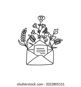 Single hand drawn envelope with a leaf decorated with flowers and leaves. Doodle vector illustration. Isolated on a white background.