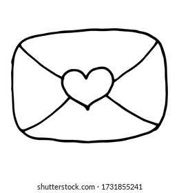 Single hand drawn envelope with a love message. In doodle style, black outline isolated on a white background. Cute element for design instagram stories, card, stickers. Valentine s day vector.