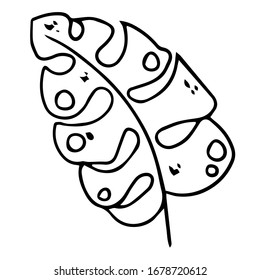 Monstera de hoja tropical exótica dibujada a mano. En el estilo de doodle, el contorno negro aislado en un fondo blanco. Elemento lindo para tarjetas, afiches, banners de medios sociales, pegatinas. Ilustración vectorial.