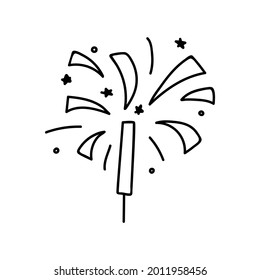 Pirotecas dibujadas con una sola mano. Ilustración del vector Doodle. Aislado sobre un fondo blanco.