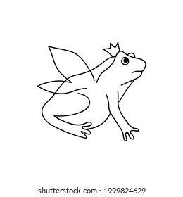 Single hand drawn frog with wings and crown. Funny toad. Doodle vector illustration. Isolated on a white background. Goblincore style