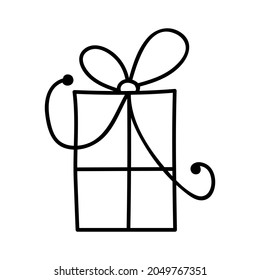 Single hand drawn gift box. Doodle vector illustration. Isolated on a white background.