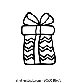 Caja de regalo de una sola mano. Ilustración del vector Doodle. Aislado sobre un fondo blanco.