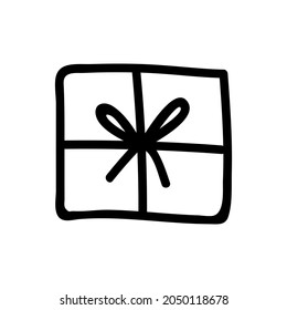 Caja de regalo de una sola mano. Vista superior. Ilustración del vector Doodle. Aislado sobre un fondo blanco.