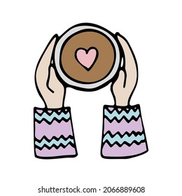 Single hand drawn girl hand with tea or coffee. Doodle vector illustration. Cozy seasonal design