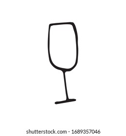 Single hand drawn glasses of champagne for New Year, Xmas, or Valentine's day, marriage, proposal. For greeting cards and seasonal design. Doodle vector illustration isolated on white background.