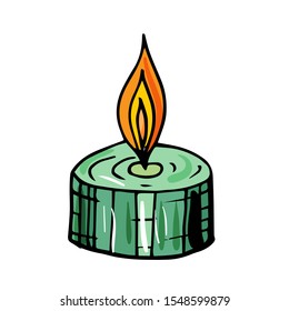 Single hand drawn green burning candle for New Year and Xmas greeting cards, posters, stickers and seasonal design. Isolated on white background. Doodle colorful vector illustration.
