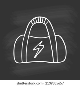 Single, hand drawn gym bag on chalkboard. White outline on black background. Cute element in doodle style for card, social media banner, sticker, print, decoration kids playroom. Vector illustration.