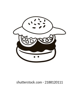 Hamburguesa de una sola mano. Ilustración del vector Doodle. Aislado sobre fondo blanco.