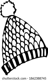 Single hand drawn hat with a pompom for children's illustration. Doodle vector illustration. Isolated on a white background, black and white graphics