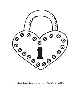 Single hand drawn heart shaped padlock. In doodle style, black outline isolated on a white background. Cute element for design banner, card, stickers, instagram stories. Valentine's day vector.