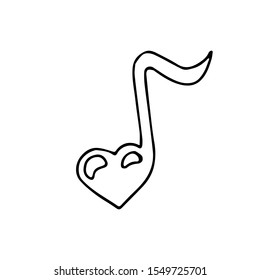 Single hand drawn heart shaped musical note. In doodle style, black outline isolated on a white background. Cute element for design instagram stories, card, stickers. Valentine's day vector.