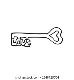 Single hand drawn heart shaped key with word LOVE. In doodle style, black outline isolated on a white background. Cute element for design banner, card, stickers. Valentine's day vector illustration.