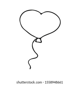 Single hand drawn heart shaped balloon. In doodle style, black outline isolated on a white background. Cute element for banner, card, instagram stories, stickers. Valentine's day vector illustration.