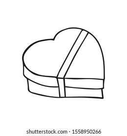 Single, hand drawn heart shaped gift box. In doodle style, black outline isolated on a white background. Cute element for banner, card, instagram stories, sticker. Valentine's day vector illustration.