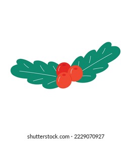 Single hand drawn Holly branch with berries for New Year and Christmas greeting cards, posters, stickers and seasonal design.