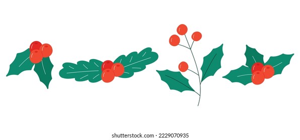 Single hand drawn Holly branch with berries for New Year and Christmas greeting cards, posters, stickers and seasonal design.