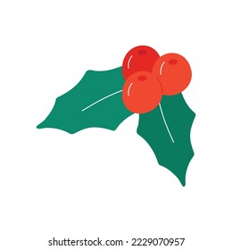 Single hand drawn Holly branch with berries for New Year and Christmas greeting cards, posters, stickers and seasonal design.