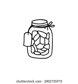 Frasco de mermelada casera dibujado a mano única. Ilustración del vector Doodle. Aislado sobre un fondo blanco.