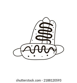 Perro caliente dibujado con una sola mano. Ilustración del vector Doodle. Aislado sobre fondo blanco.