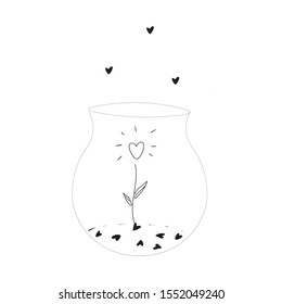 single hand drawn jar with flower and hearts . Doodle vector illustration for  design.Valentines day and romantic doodle element. Love concept.