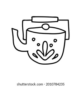 Single hand drawn kettle. Doodle vector illustration. Isolated on a white background. Goblincore style