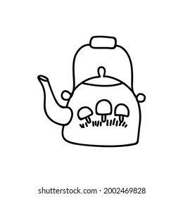 Single hand drawn kettle with mushrooms. Doodle vector illustration. Isolated on a white background. Goblincore style