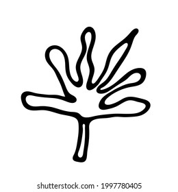 Single hand drawn leaf of plant. In doodle style, black outline isolated on white background. Design cute decorative element for card, poster, social media banner, sticker. Vector illustration.  