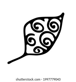 Single hand drawn leaf of unusual plant. In doodle style, outline isolated on white background. Design cute decorative element for card, poster, social media banner, sticker. Vector illustration.  