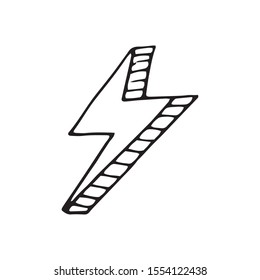Single hand drawn lightning for greeting cards, posters, comics design. Isolated on white background. Doodle vector illustration.