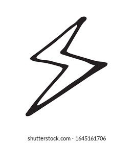 Single hand drawn lightning for greeting cards, posters, comics design. Isolated on white background. Doodle vector illustration.