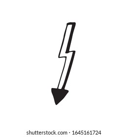 Single hand drawn lightning for greeting cards, posters, comics design. Isolated on white background. Doodle vector illustration.