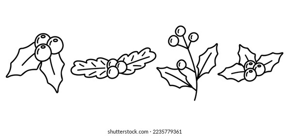 Single hand drawn line Holly branch with berries for New Year and Christmas greeting cards, posters, stickers and seasonal design.