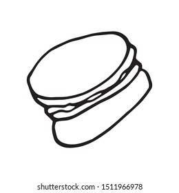Single hand drawn macaron for greeting cards, posters, recipe, culinary design. Isolated on white background. Doodle vector illustration.