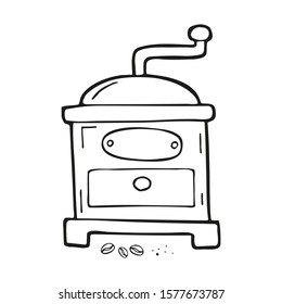 Single hand drawn manual coffee mill with coffee beans. In doodle style, black outline isolated on a white background. Cute element for card, social media banner, stickers. Vector illustration.