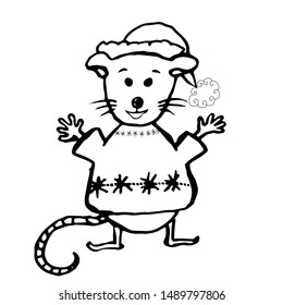 Single hand drawn mouse/rat. Symbol of New Year and Xmas greeting cards, posters, stickers and seasonal design. Isolated on white background. Doodle vector illustration. Scandinavian style.