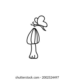 Single hand drawn mushroom with butterfly for autumn decoration. Doodle vector illustration. Isolated on a white background.