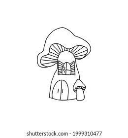 Single hand drawn mushroom hut for goblin or gnome. Doodle vector illustration. Isolate on a white background. Goblincore print.