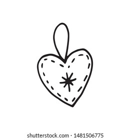 Single hand drawn New Year and Xmas heart toy. Doodle vector illustration for greeting cards, posters, stickers and seasonal design. Isolated on white background