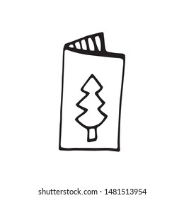 Single hand drawn New Year and Xmas gift card with fir tree. Doodle vector illustration for greeting cards, posters, stickers and seasonal design. Isolated on white background