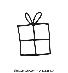 Single hand drawn New Year and Xmas gift box. Doodle vector illustration for greeting cards, posters, stickers and seasonal design.  Isolated on white background